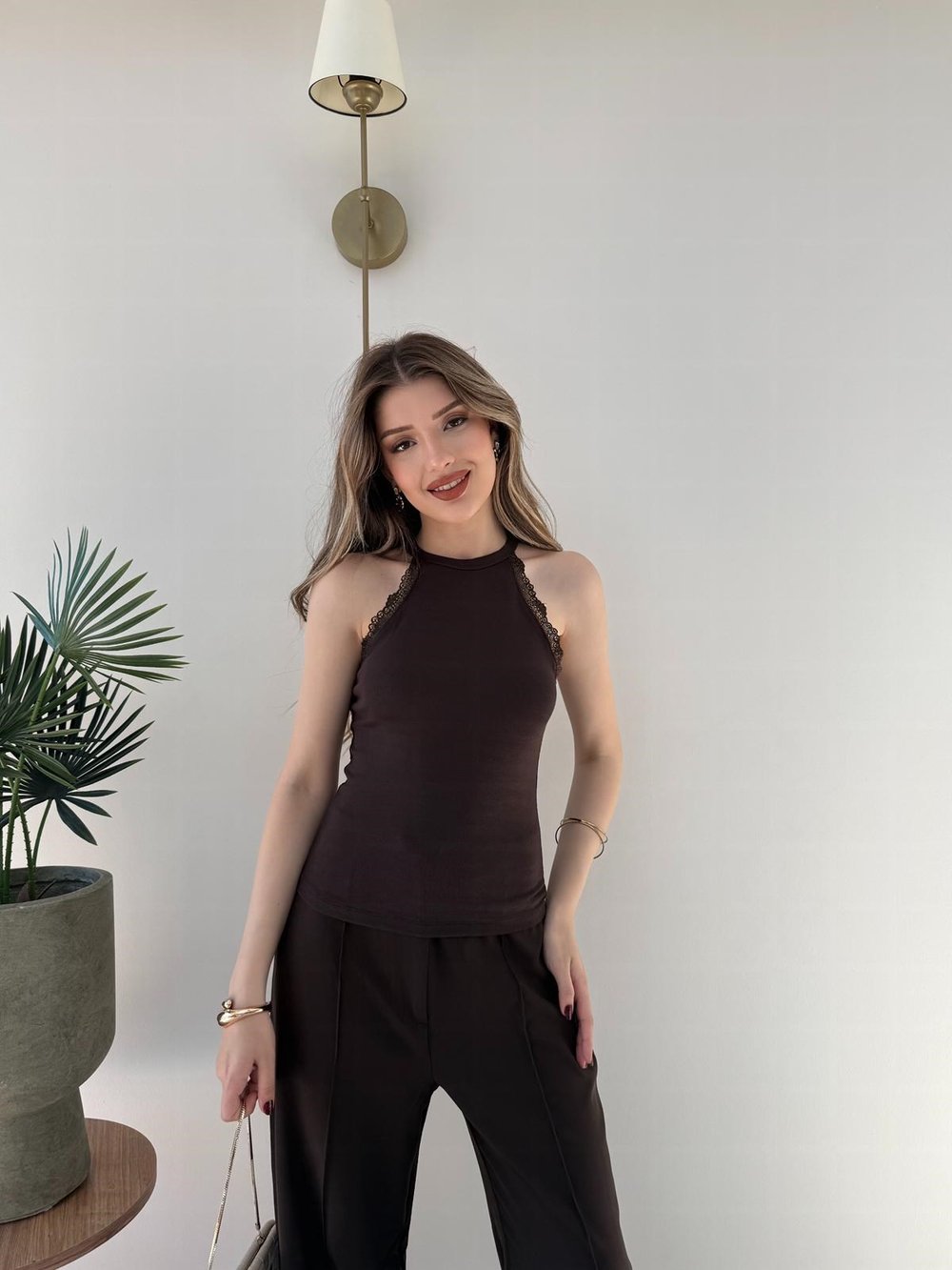 Halter Yaka Dantel Detay Modal Bluz Acı Kahve 2251