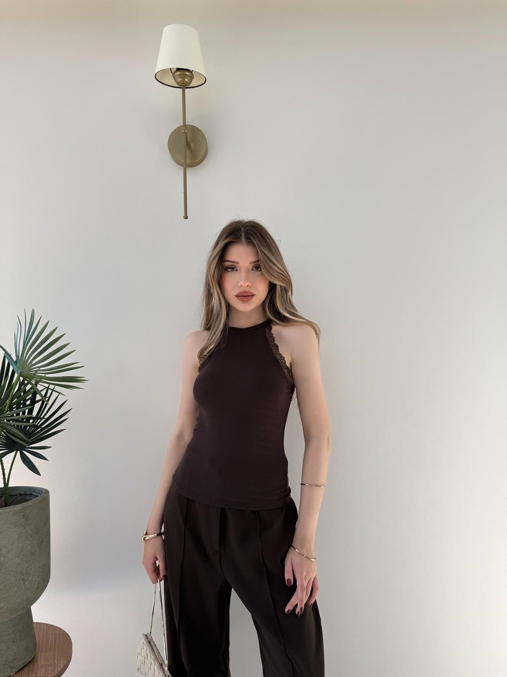 Halter Yaka Dantel Detay Modal Bluz Acı Kahve 2251