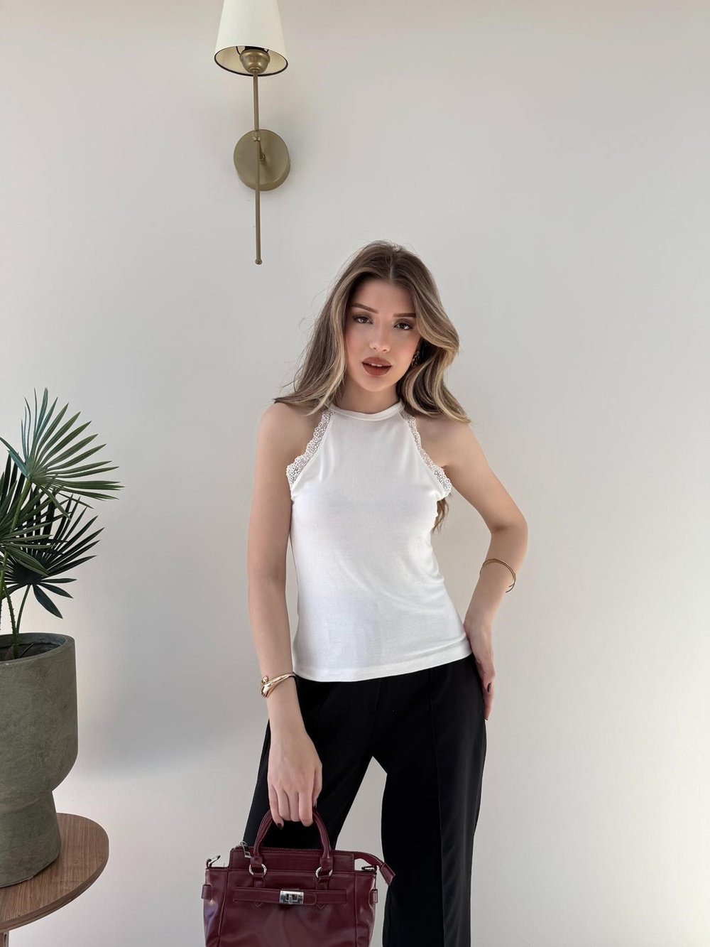 Halter Yaka Dantel Detay Modal Bluz Beyaz 2251