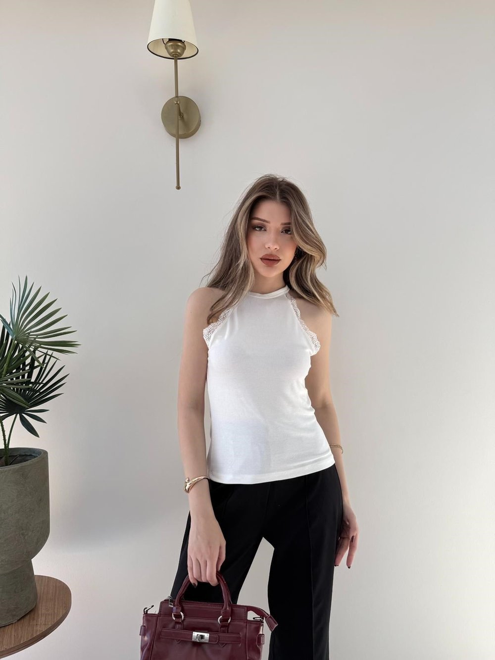 Halter Yaka Dantel Detay Modal Bluz Beyaz 2251