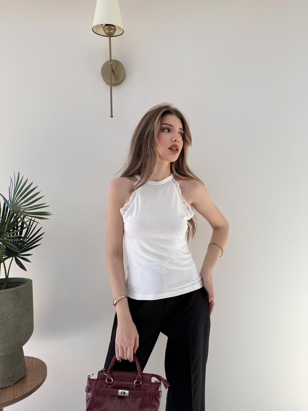 Halter Yaka Dantel Detay Modal Bluz Beyaz 2251