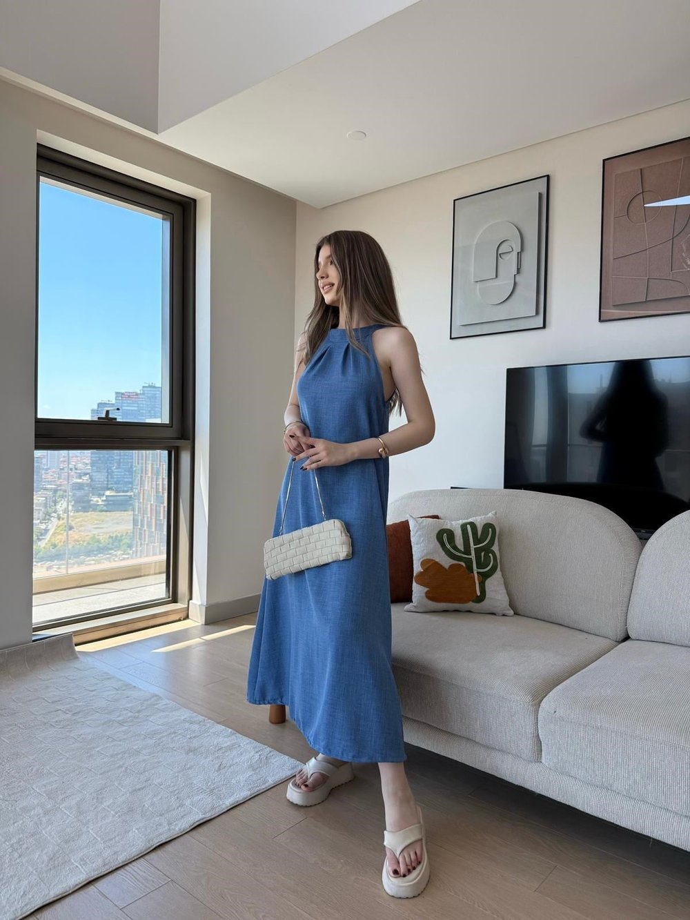 Halter Yaka Uzun Keten Elbise İndigo 2305