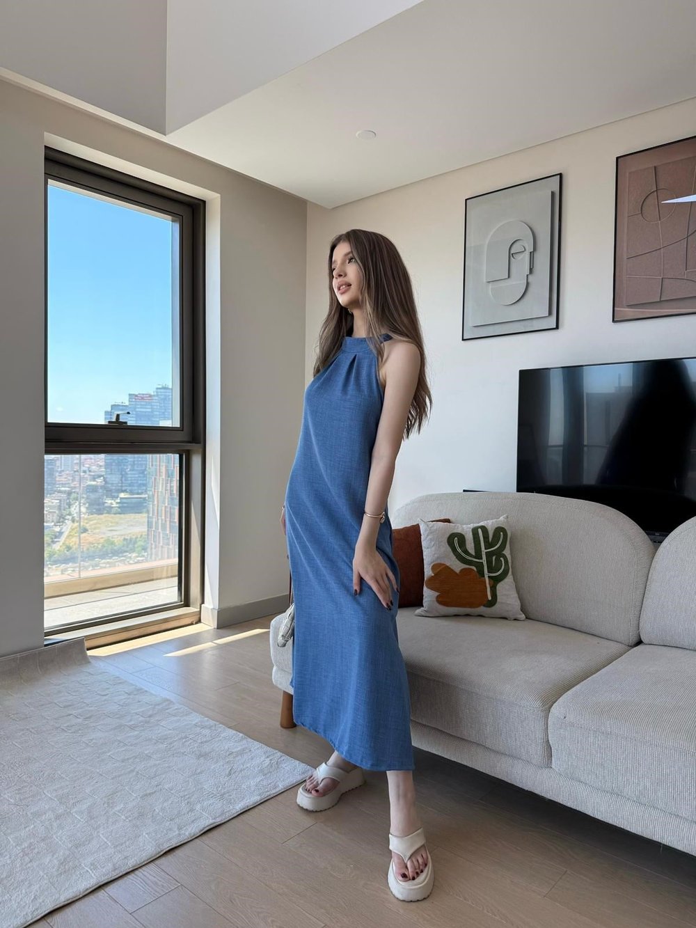 Halter Yaka Uzun Keten Elbise İndigo 2305