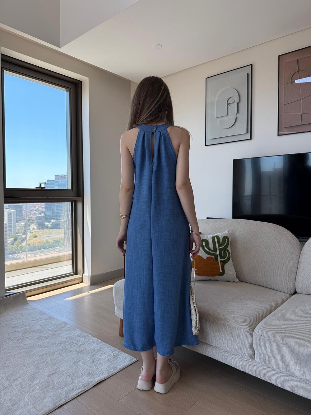 Halter Yaka Uzun Keten Elbise İndigo 2305