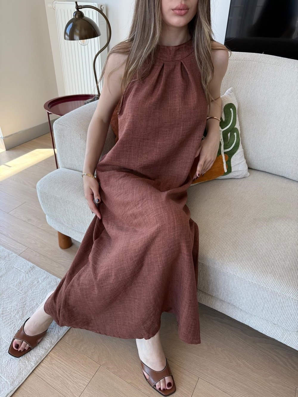 Halter Yaka Uzun Keten Elbise Kahve 2305