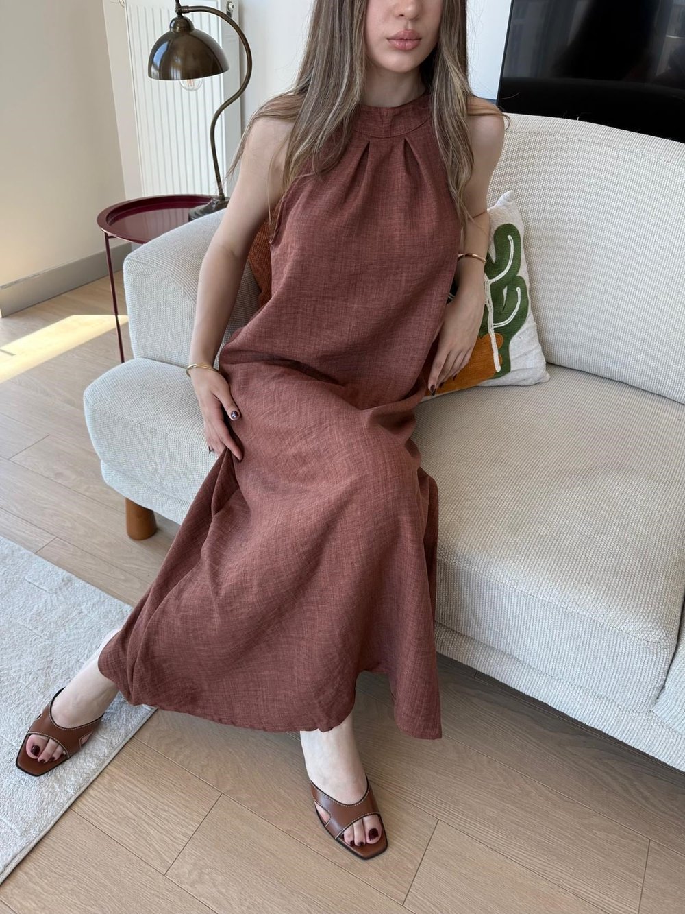 Halter Yaka Uzun Keten Elbise Kahve 2305