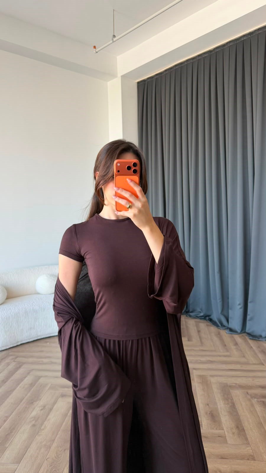 Hırka Crop ve Pantolonlu 3lü Takım Acı Kahve 2397