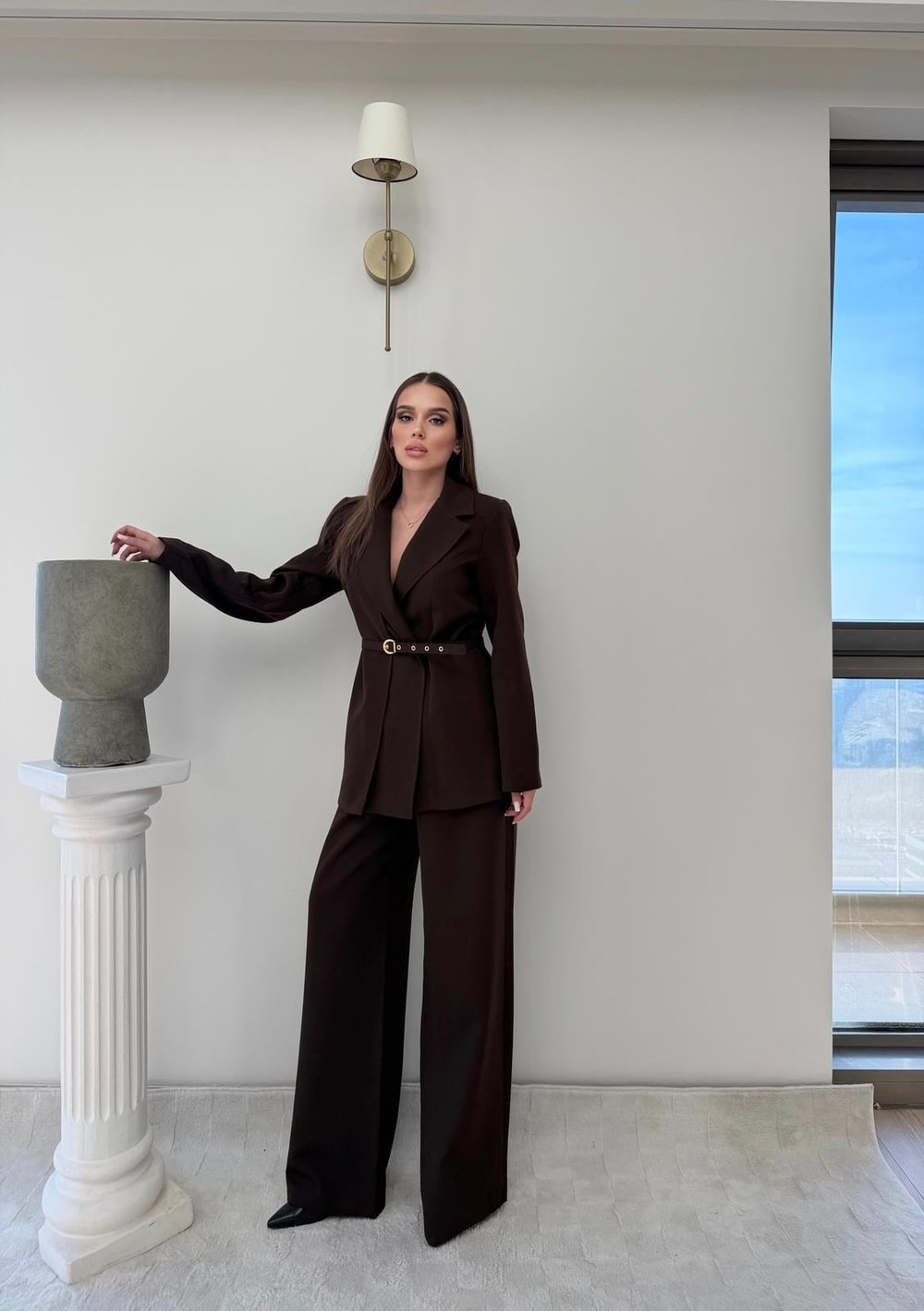 İnce Kemer Detay Blazer Ceket Ve Pantolonlu Kumaş Takım Acı Kahve 2067