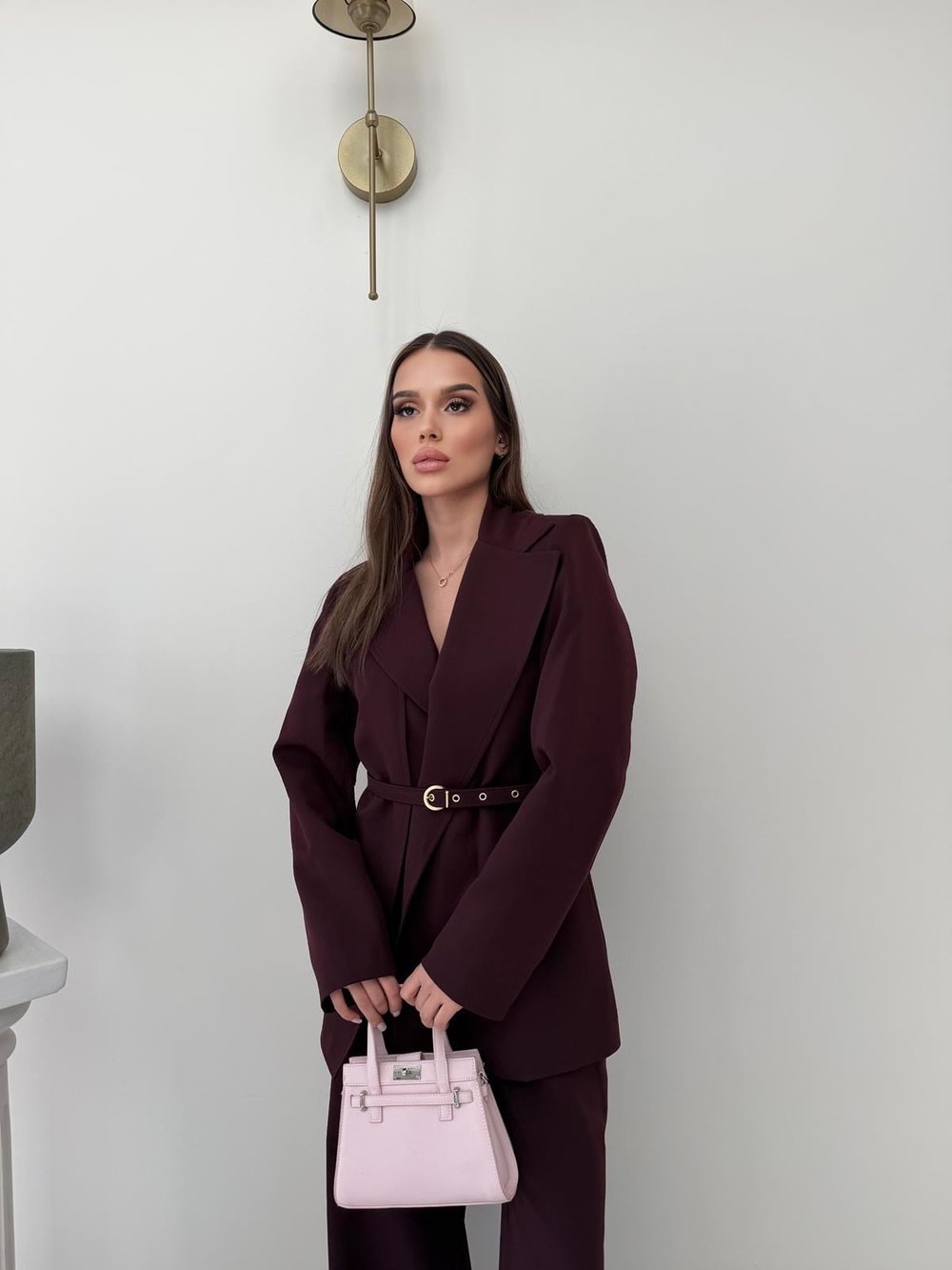 İnce Kemer Detay Blazer Ceket Ve Pantolonlu Kumaş Takım Mürdüm 2067