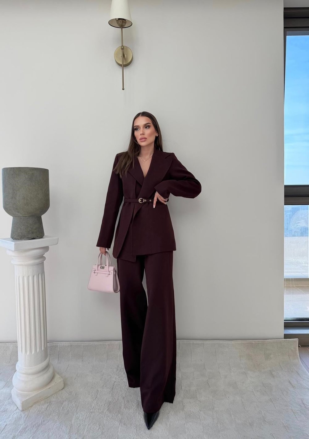 İnce Kemer Detay Blazer Ceket Ve Pantolonlu Kumaş Takım Mürdüm 2067