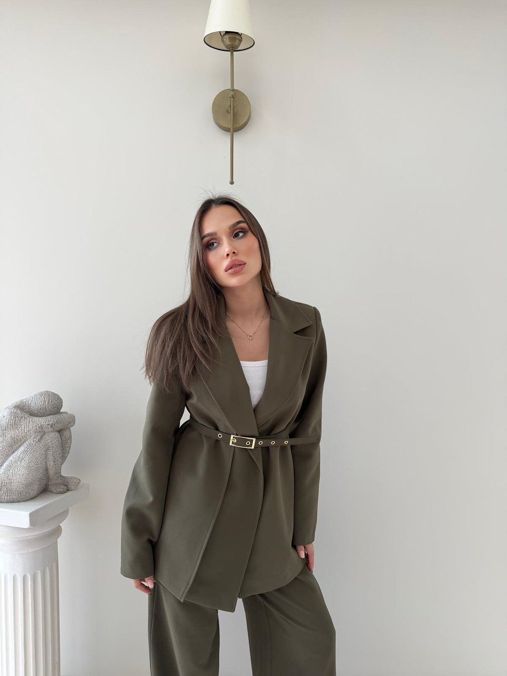 İnce Kemer Detay Blazer Ceket Ve Pantolonlu Kumaş Takım Haki 2067