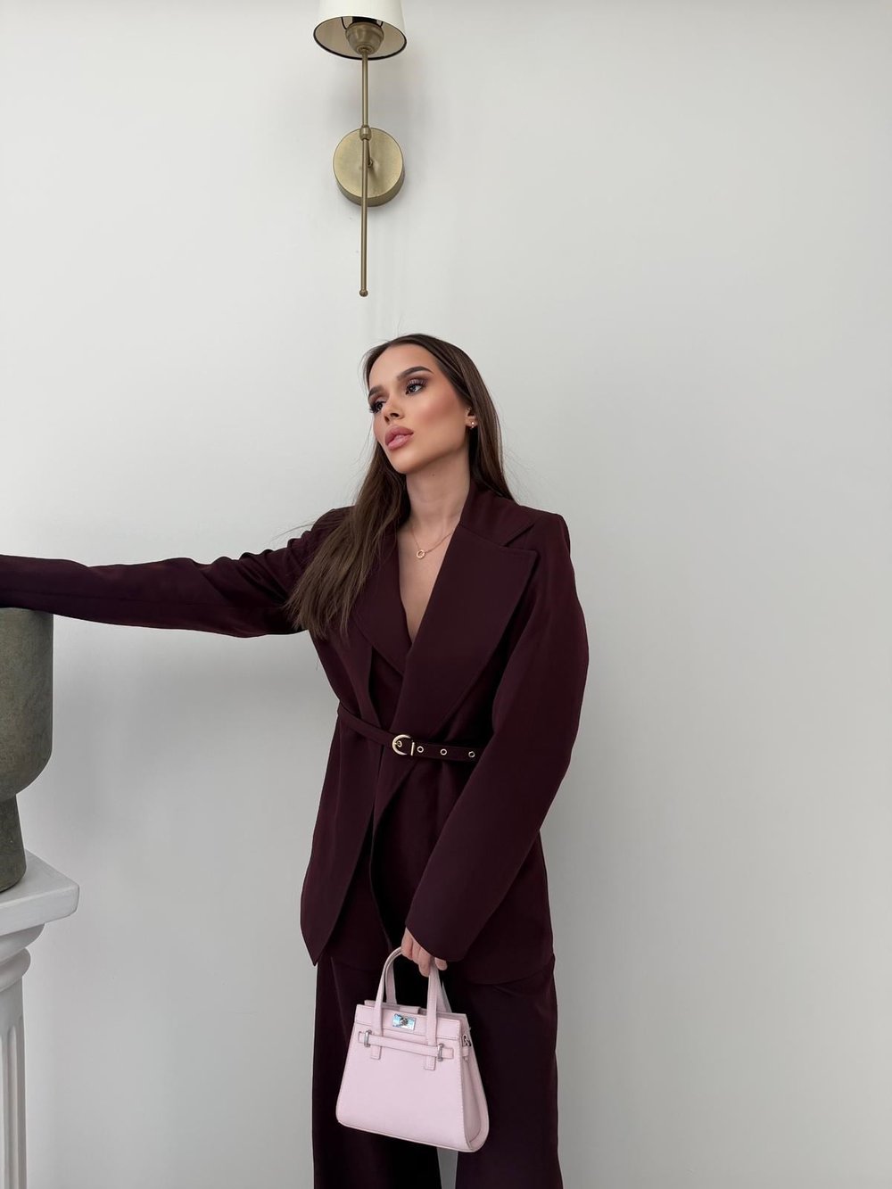 İnce Kemer Detay Blazer Ceket Ve Pantolonlu Kumaş Takım Mürdüm 2067