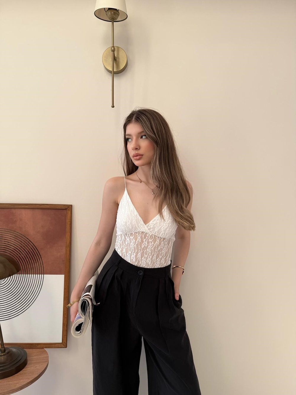 İp Askılı Dantel Detay Bodysuit Beyaz 2136