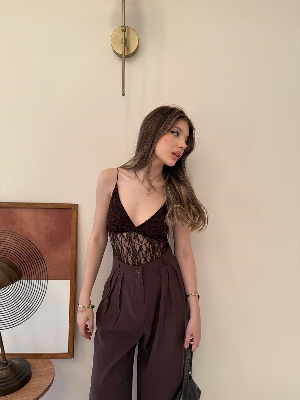 İp Askılı Dantel Detay Bodysuit Kahve 2136
