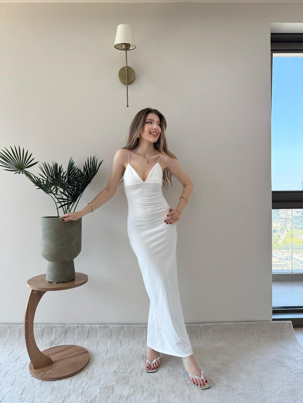 İp Askılı Kalem Elbise Beyaz 2232