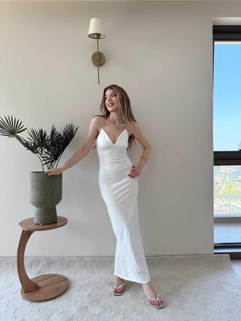 İp Askılı Kalem Elbise Beyaz 2232