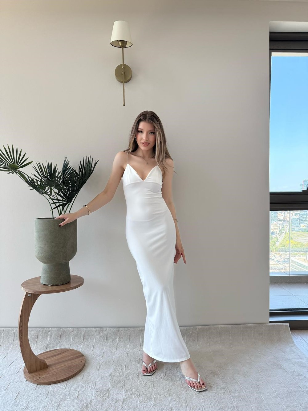 İp Askılı Kalem Elbise Beyaz 2232