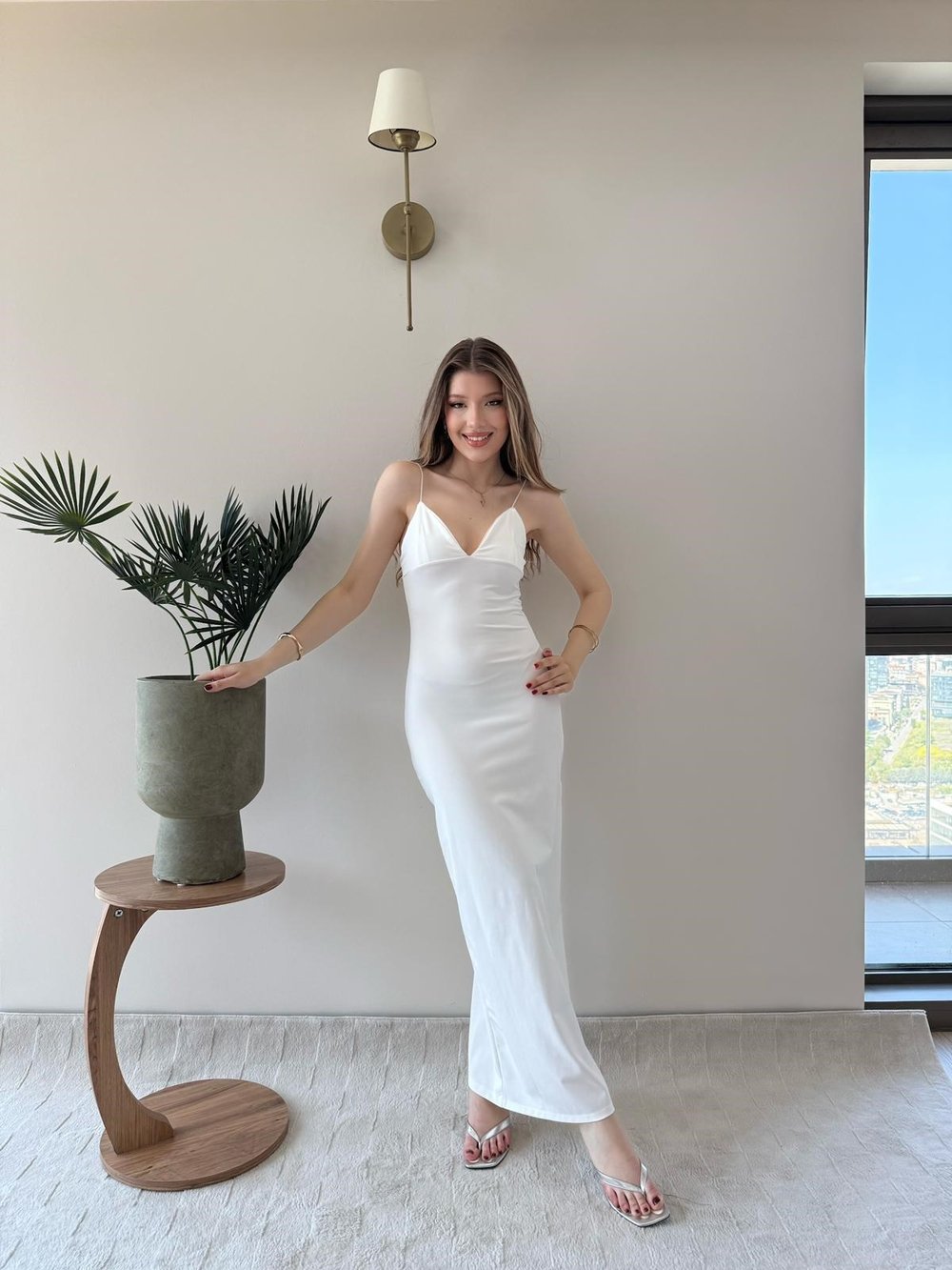 İp Askılı Kalem Elbise Beyaz 2232