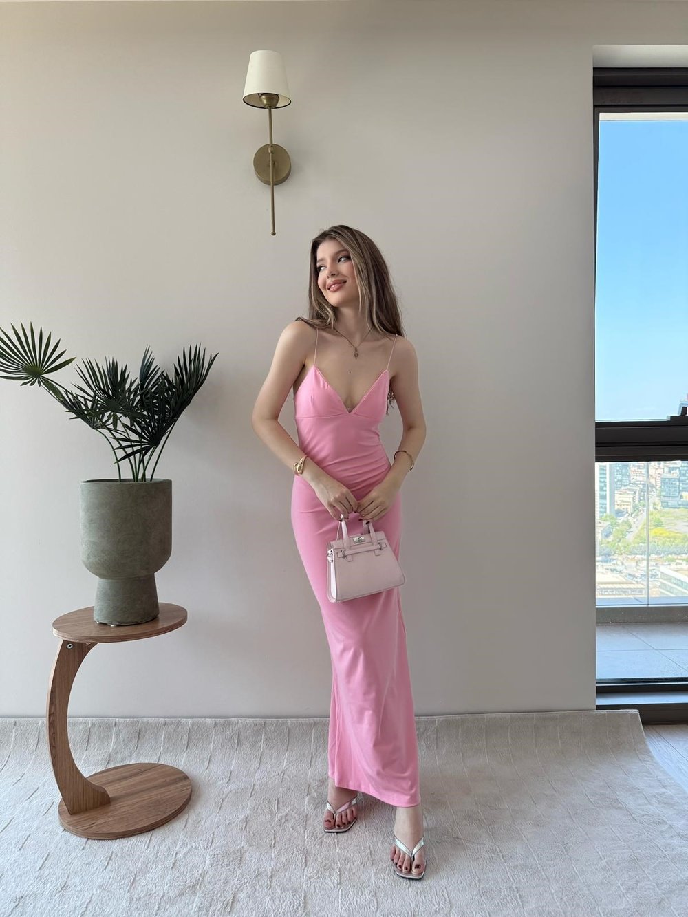 İp Askılı Kalem Elbise Pembe 2232