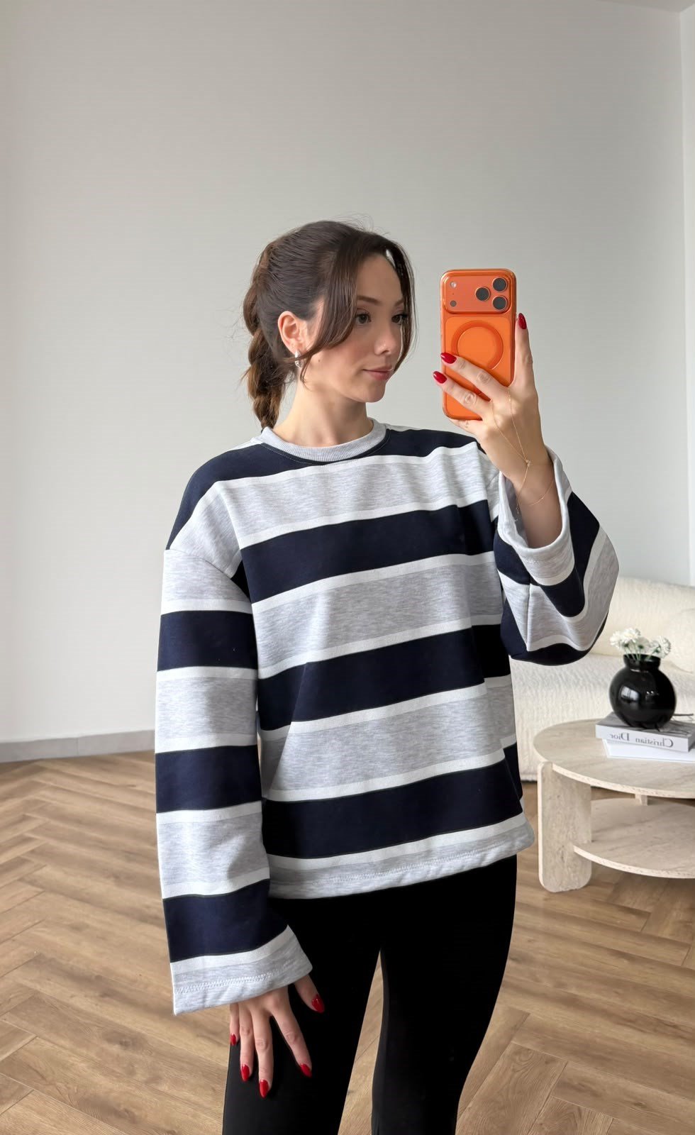 İspanyol Kol Çizgili 3 İplik Sweat Gri Lacivert 2507