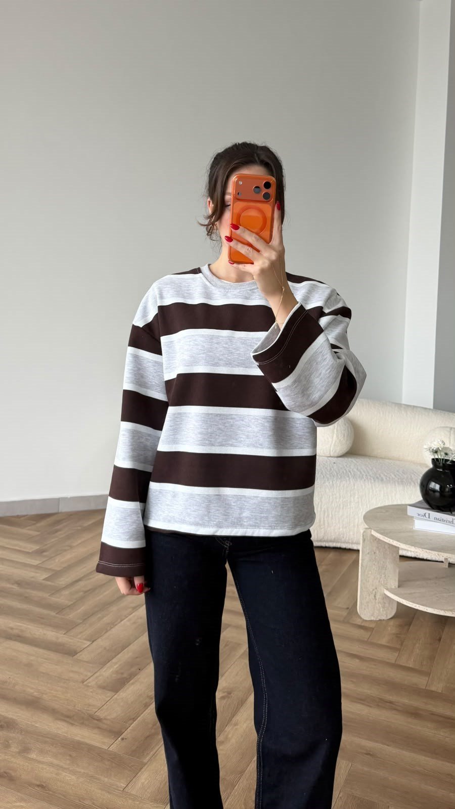 İspanyol Kol Çizgili 3 İplik Sweat Gri Kahve 2507