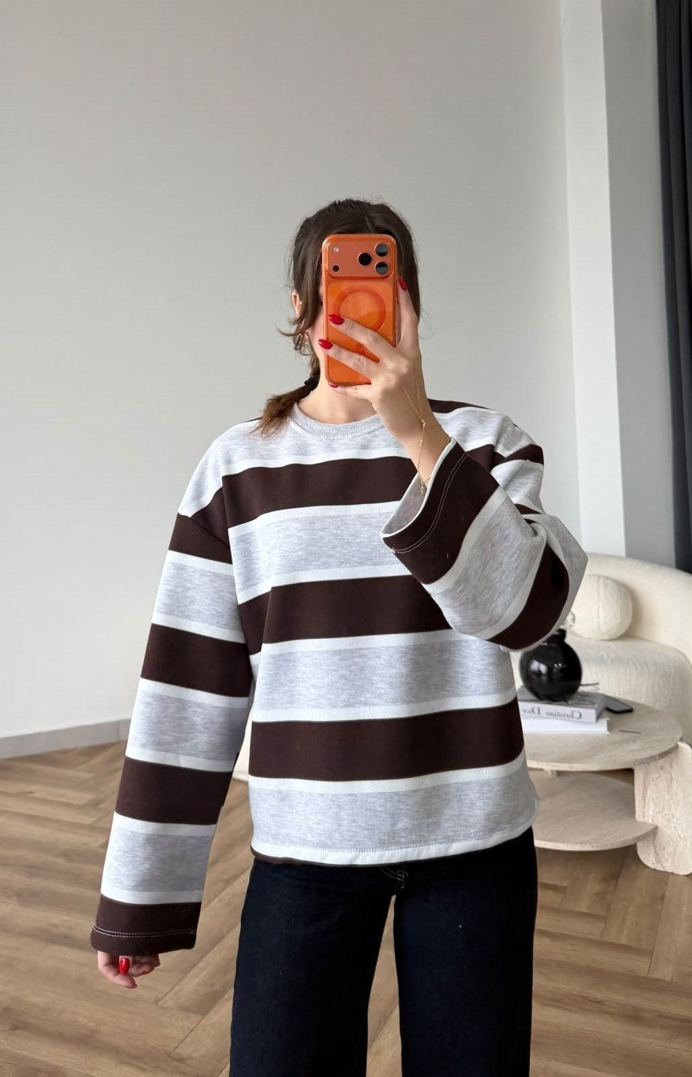 İspanyol Kol Çizgili 3 İplik Sweat Gri Kahve 2507