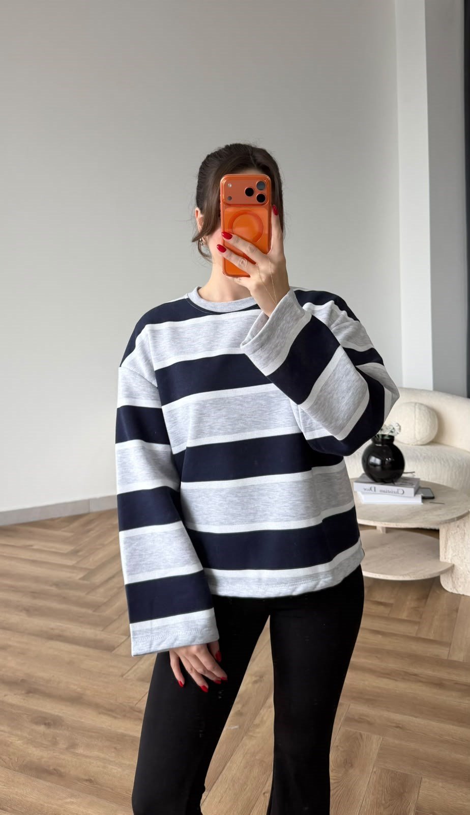 İspanyol Kol Çizgili 3 İplik Sweat Gri Lacivert 2507