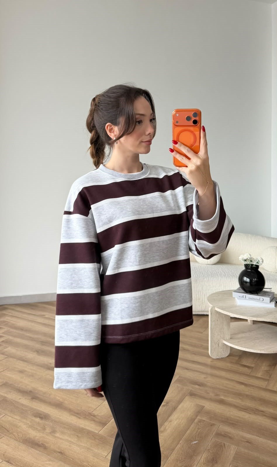 İspanyol Kol Çizgili 3 İplik Sweat Gri Bordo 2507