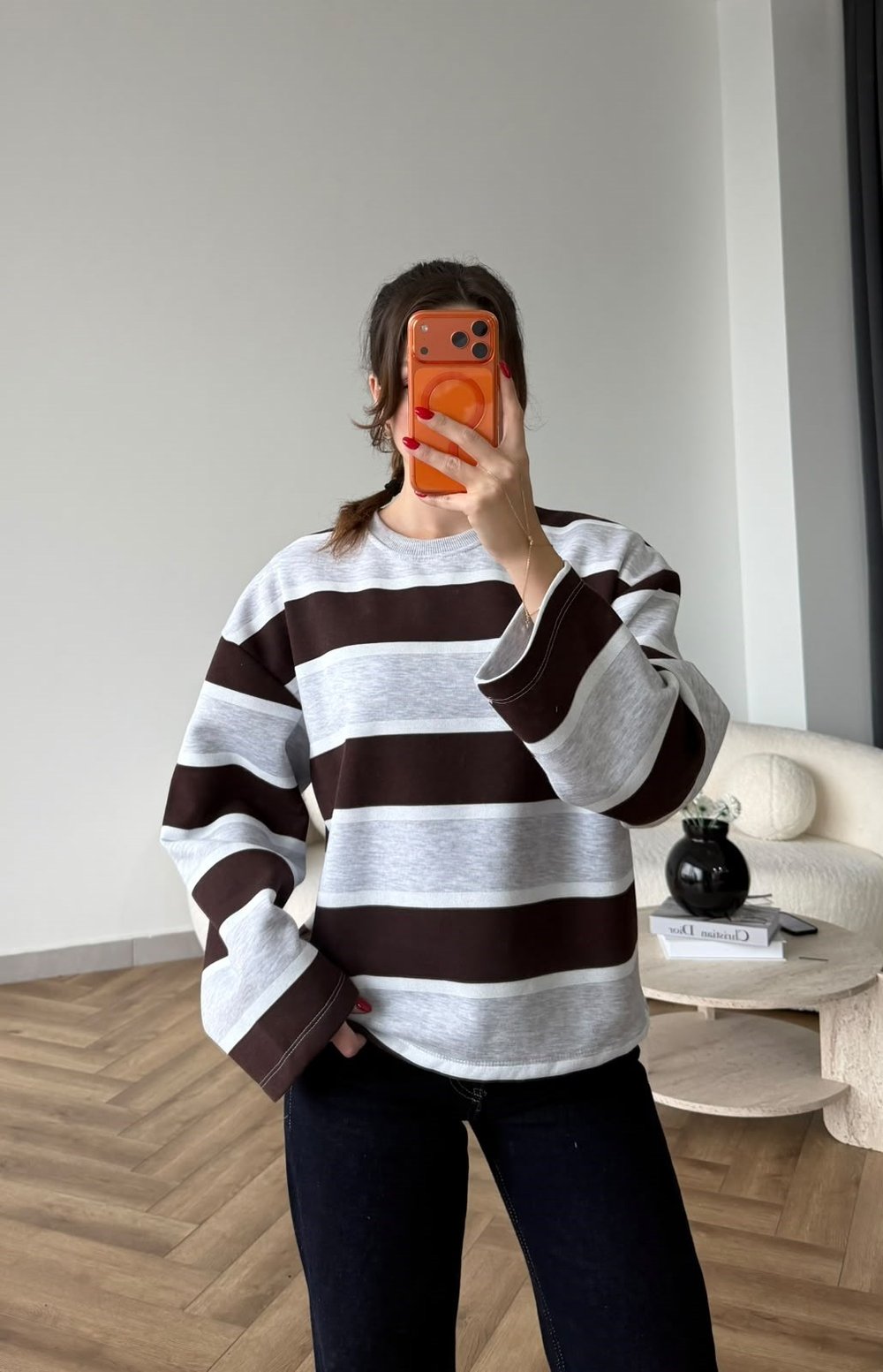 İspanyol Kol Çizgili 3 İplik Sweat Gri Kahve 2507