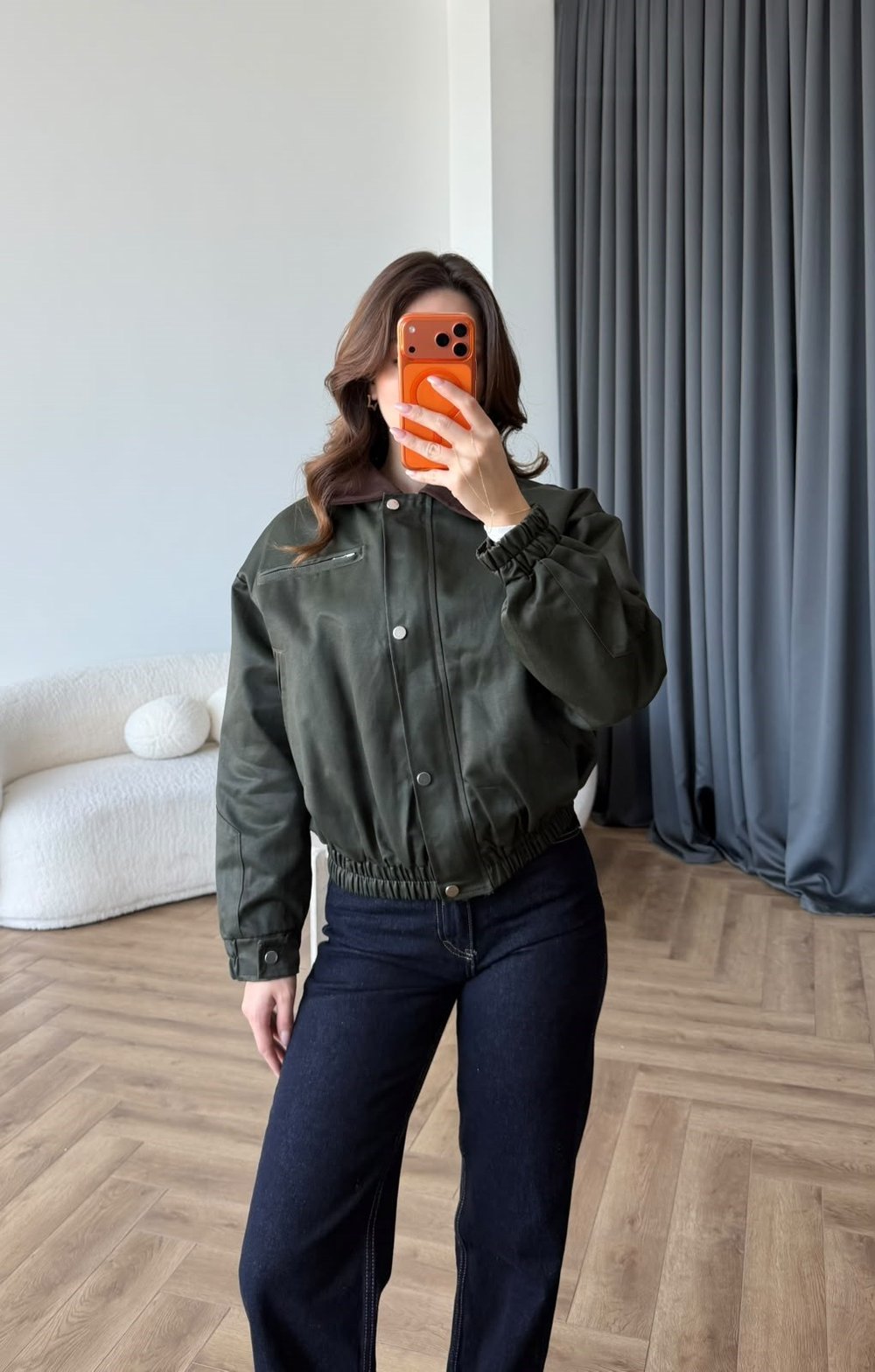 Kadife Yaka Detay Çıtçıtlı Burberry Kumaş Bomber Ceket Yeşil 2489