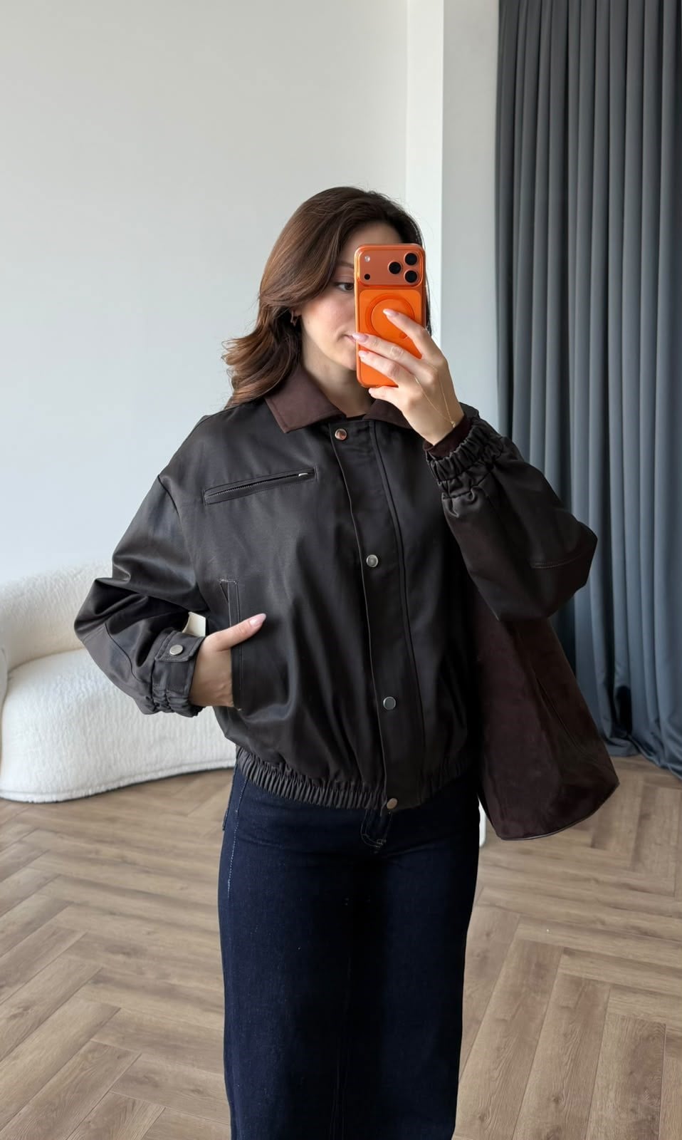 Kadife Yaka Detay Çıtçıtlı Burberry Kumaş Bomber Ceket Kahve 2489