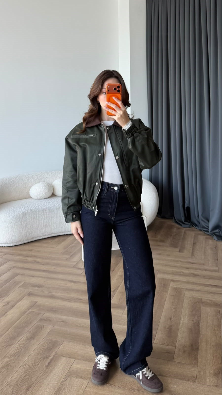 Kadife Yaka Detay Çıtçıtlı Burberry Kumaş Bomber Ceket Yeşil 2489