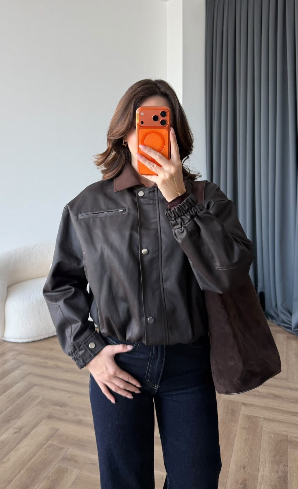 Kadife Yaka Detay Çıtçıtlı Burberry Kumaş Bomber Ceket Kahve 2489