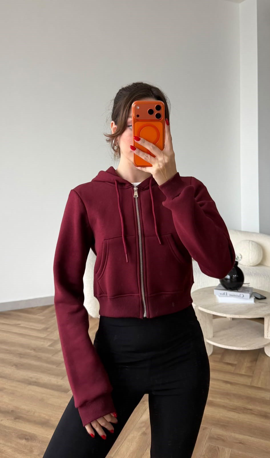 Kapişonlu 3 İplik Şardonlu Hırka Bordo 2505