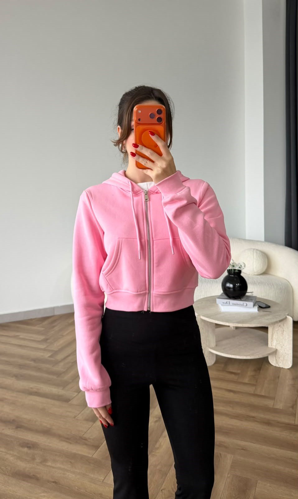 Kapişonlu 3 İplik Şardonlu Hırka Pembe 2505