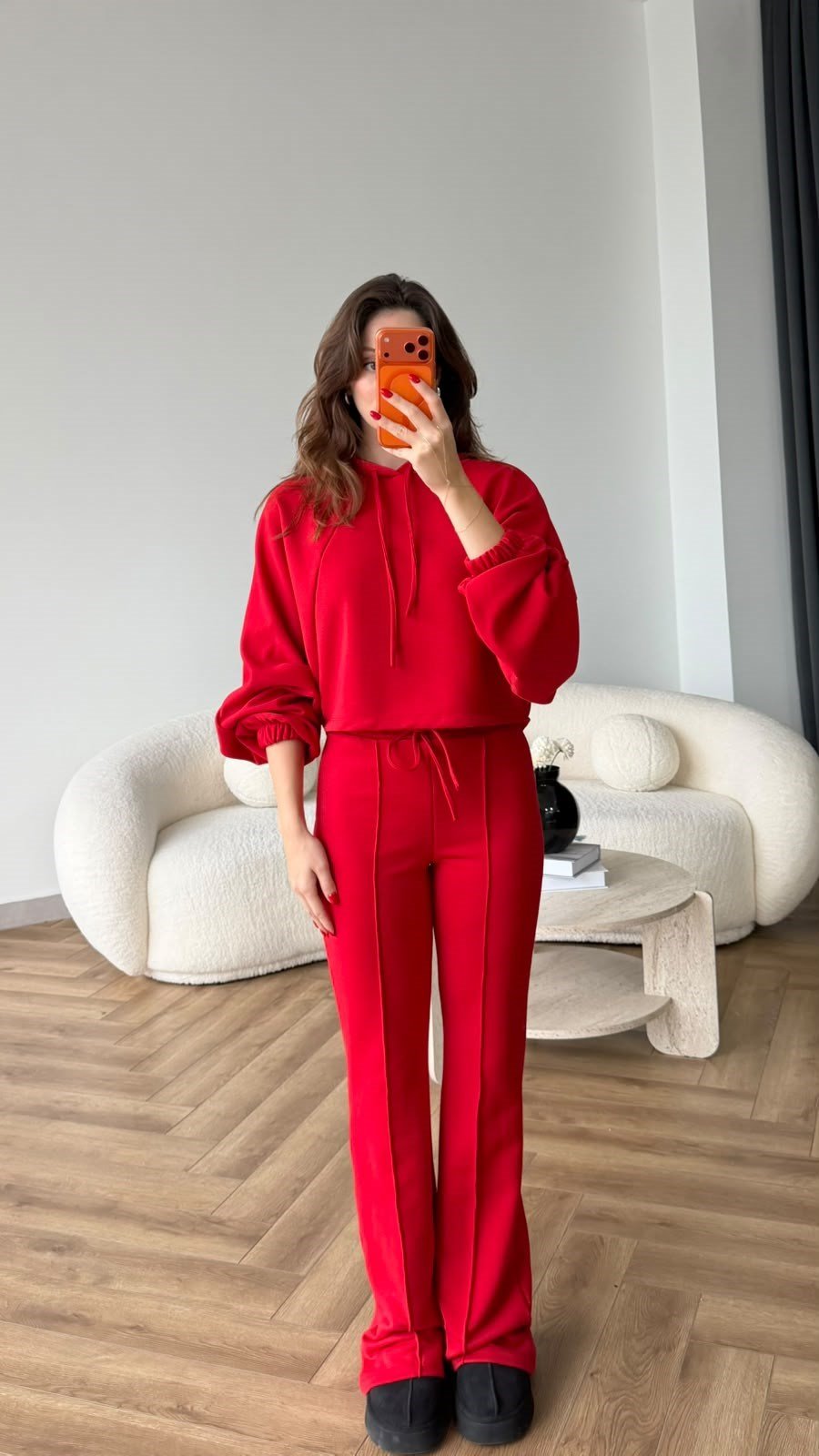 Kapişonlu Sweat ve Eşofmanlı 3 İplik Takım Kırmızı 2513