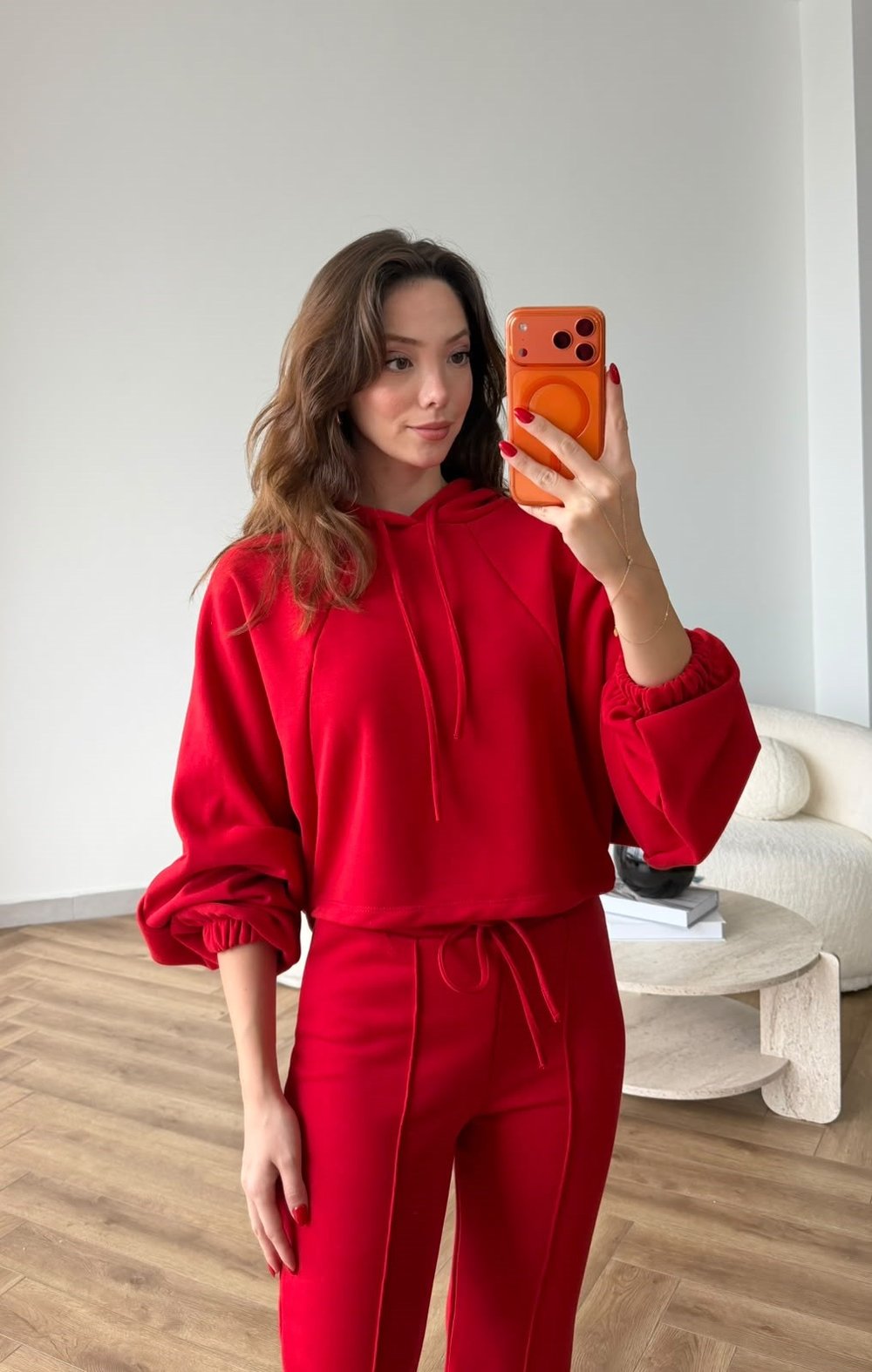 Kapişonlu Sweat ve Eşofmanlı 3 İplik Takım Kırmızı 2513