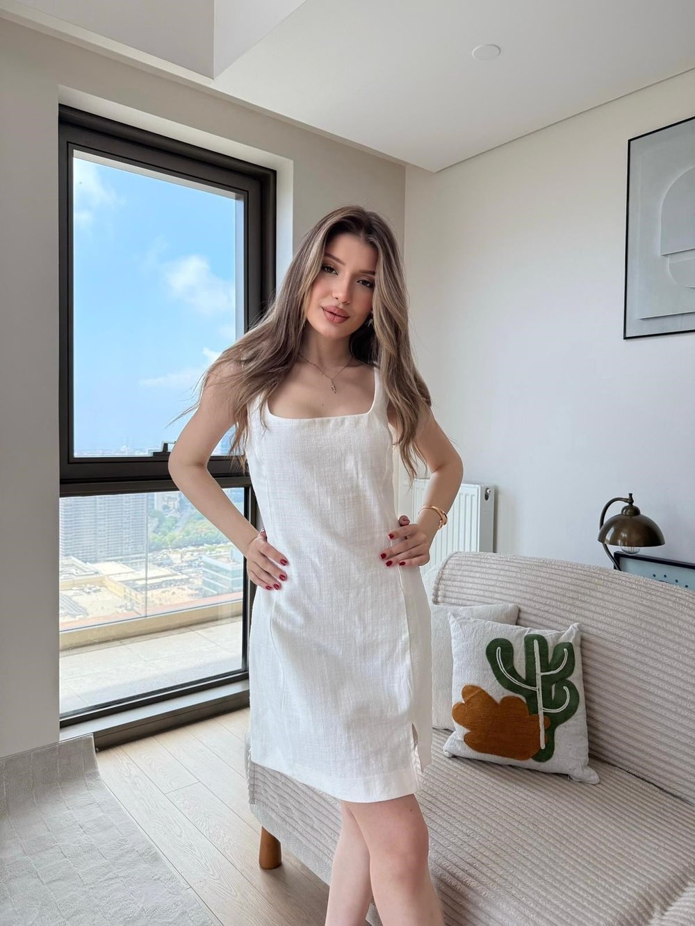 Kare Yaka Dantel Detay Keten Elbise Krem 2270