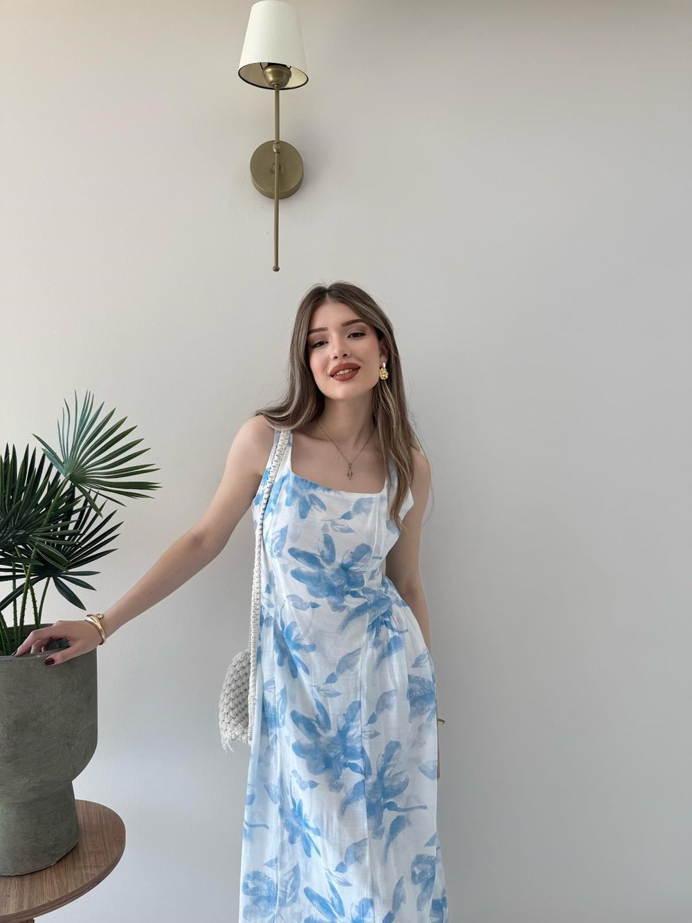 Kare Yaka Desenli İç Astarlı Keten Elbise Mavi 2262