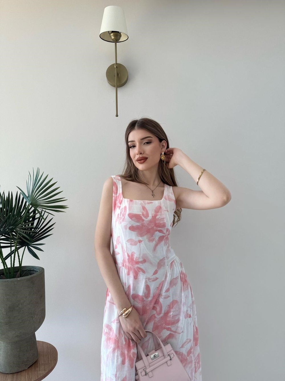 Kare Yaka Desenli İç Astarlı Keten Elbise Pembe 2262