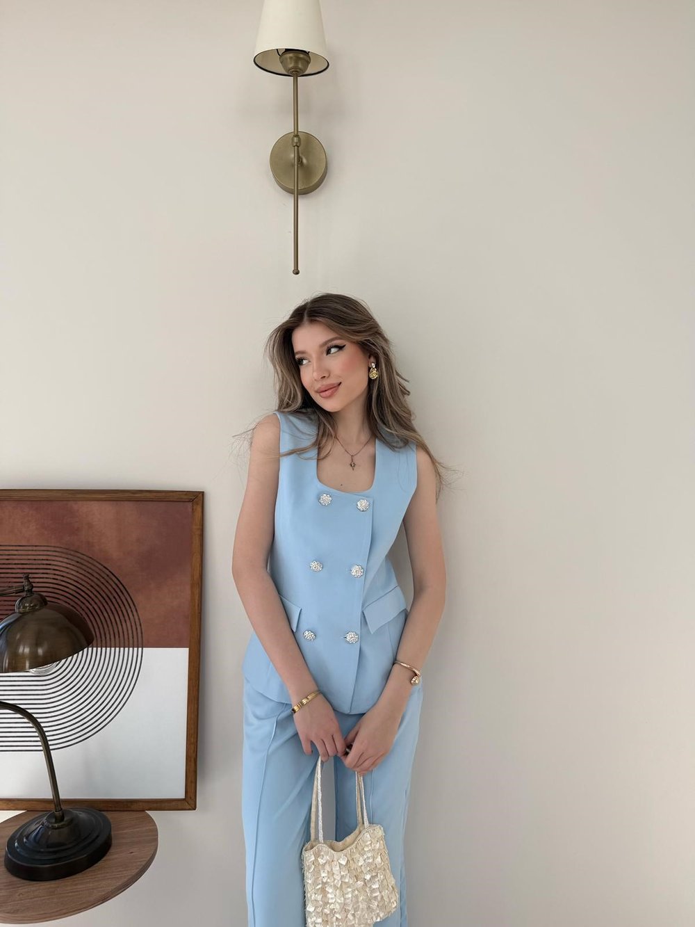 Kare Yaka Düğme Detay İç Astarlı Yelek ve Pantolonlu Double Kumaş İkili Takım Bebe Mavi 2147