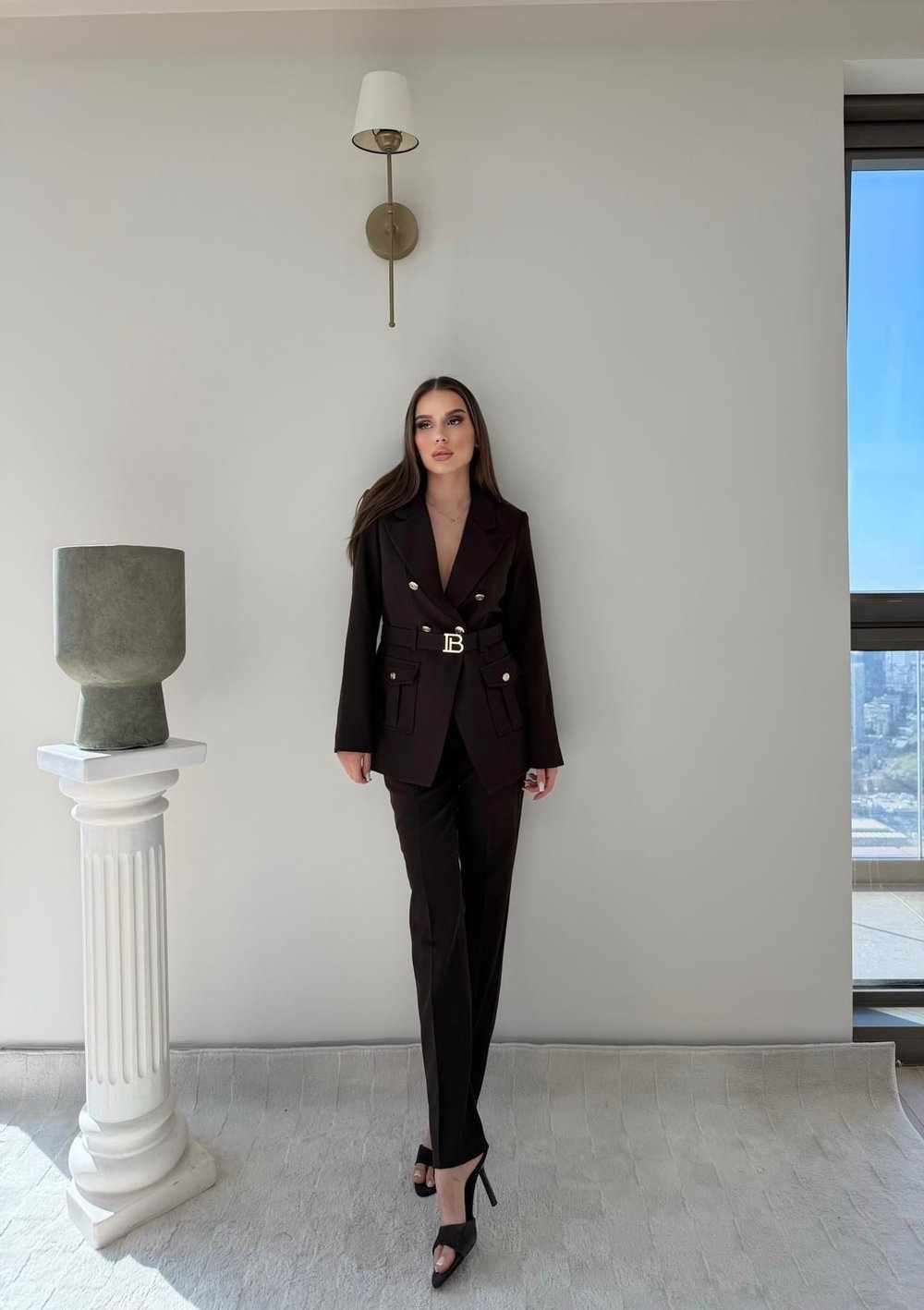 Kemer Ve Düğme Detay Blazer Ceket Ve Pantolonlu Double Kumaş İkili Takım Acı Kahve 2077