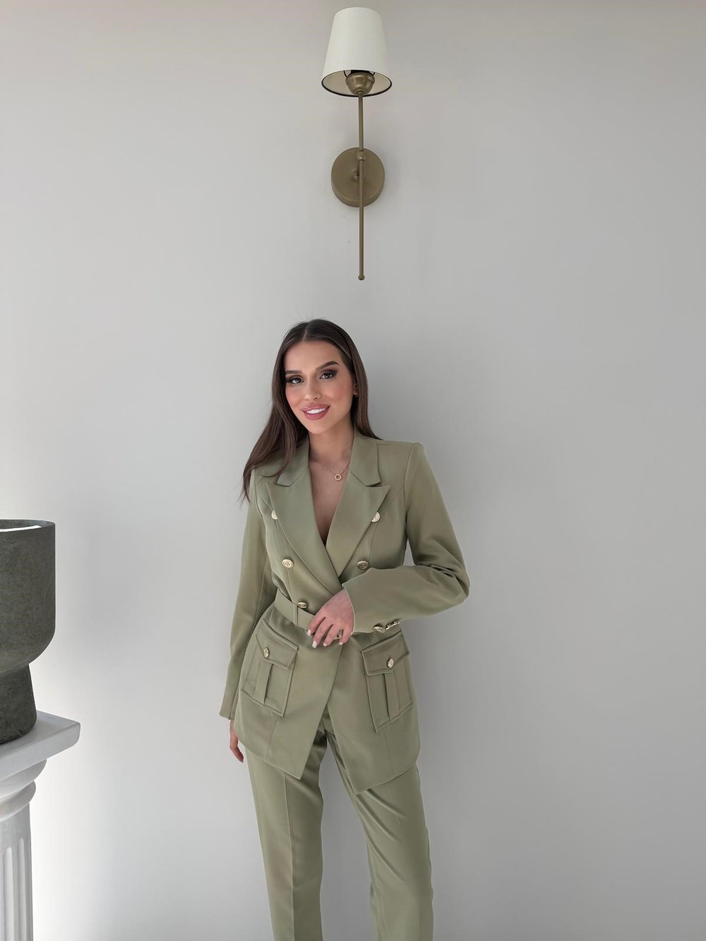 Kemer Ve Düğme Detay Blazer Ceket Ve Pantolonlu Double Kumaş İkili Takım Haki 2077