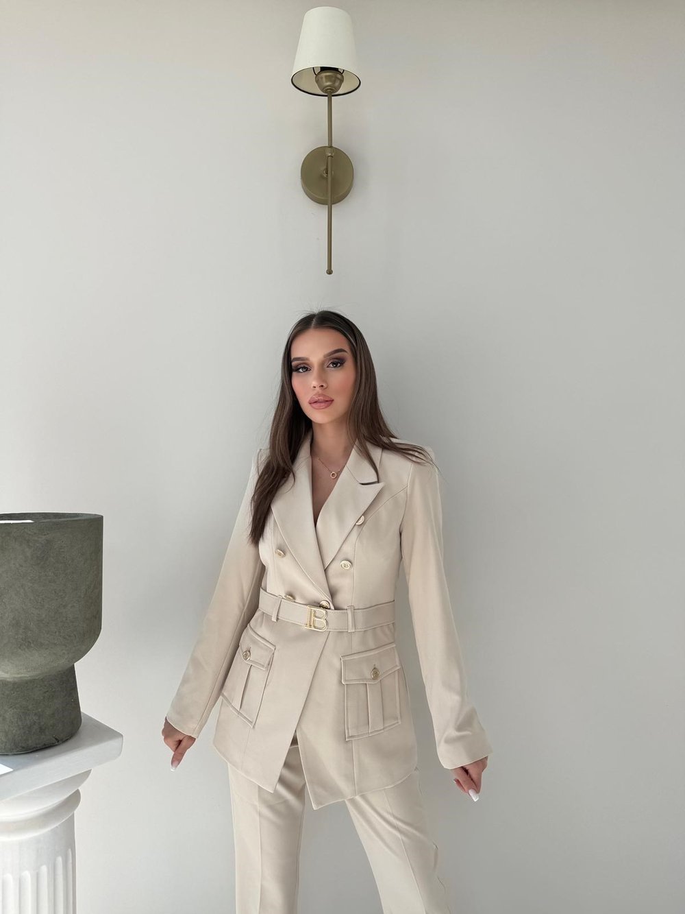 Kemer Ve Düğme Detay Blazer Ceket Ve Pantolonlu Double Kumaş İkili Takım Bej 2077