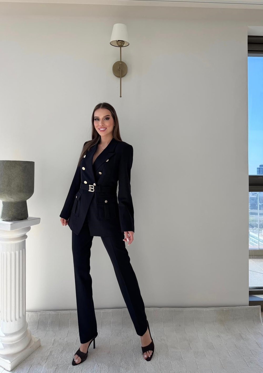 Kemer Ve Düğme Detay Blazer Ceket Ve Pantolonlu Double Kumaş İkili Takım Siyah 2077