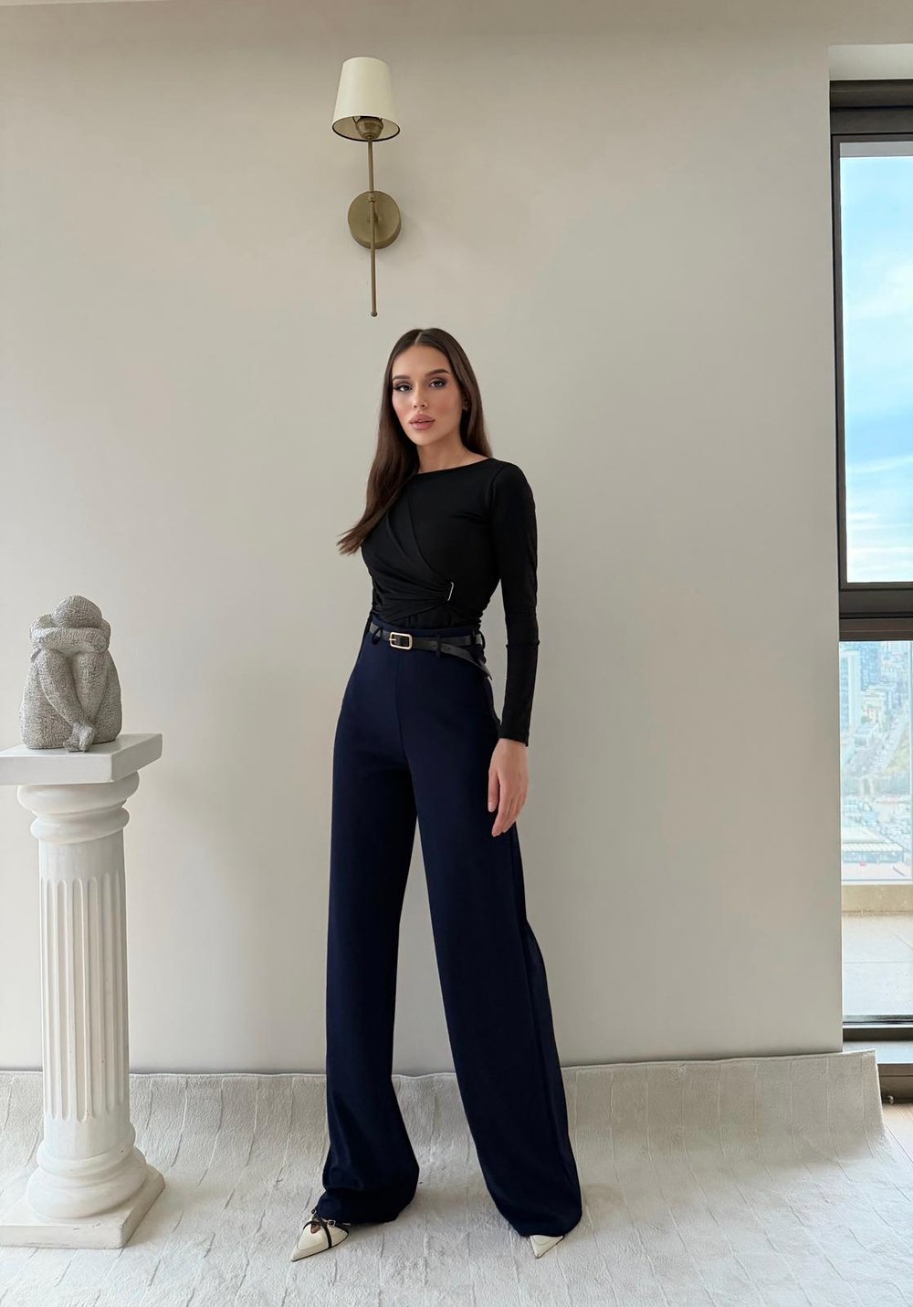 Kemerli Yüksek Bel Palazzo Crep Pantolon Lacivert 2024