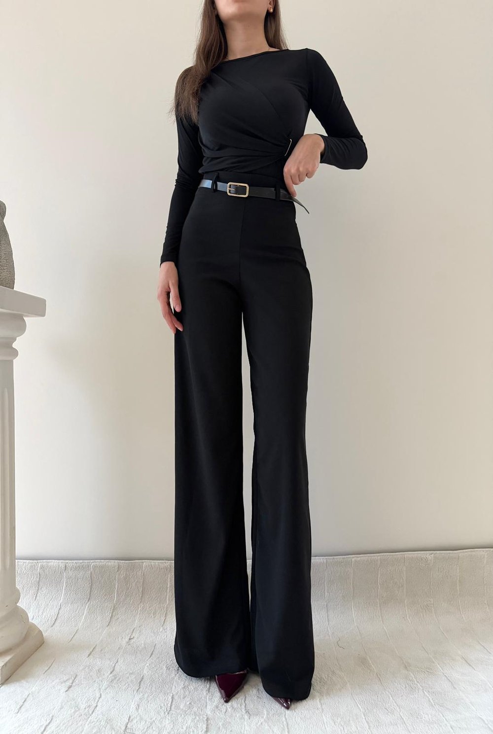 Kemerli Yüksek Bel Palazzo Crep Pantolon Siyah 2024