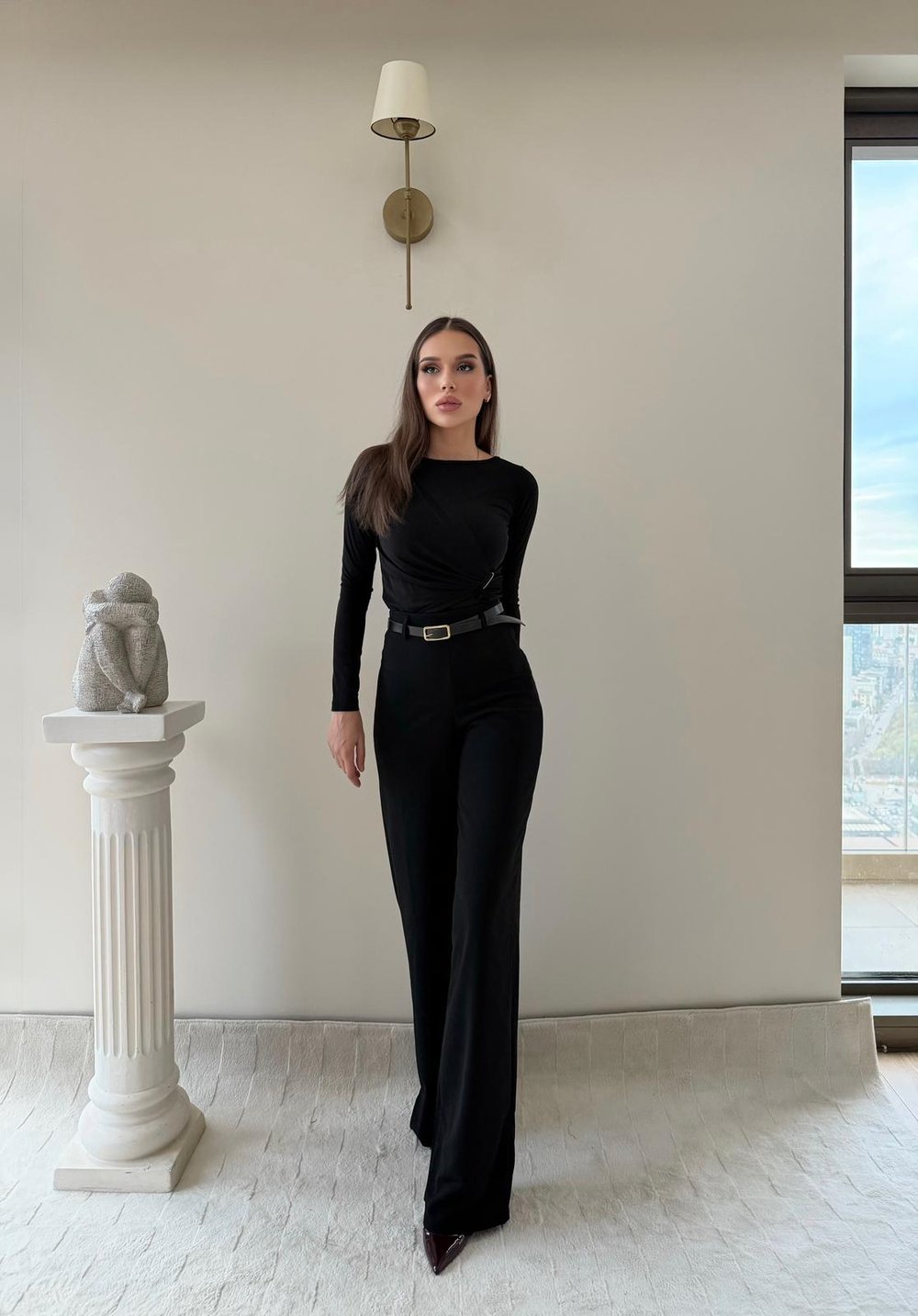 Kemerli Yüksek Bel Palazzo Crep Pantolon Siyah 2024
