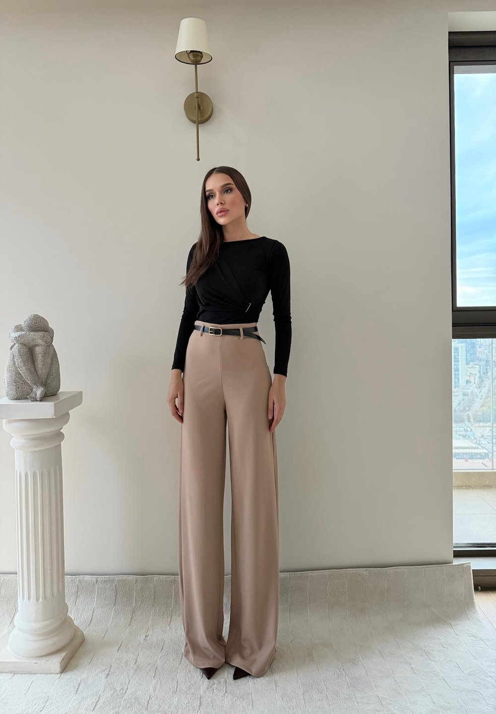 Kemerli Yüksek Bel Palazzo Crep Pantolon Bej 2024