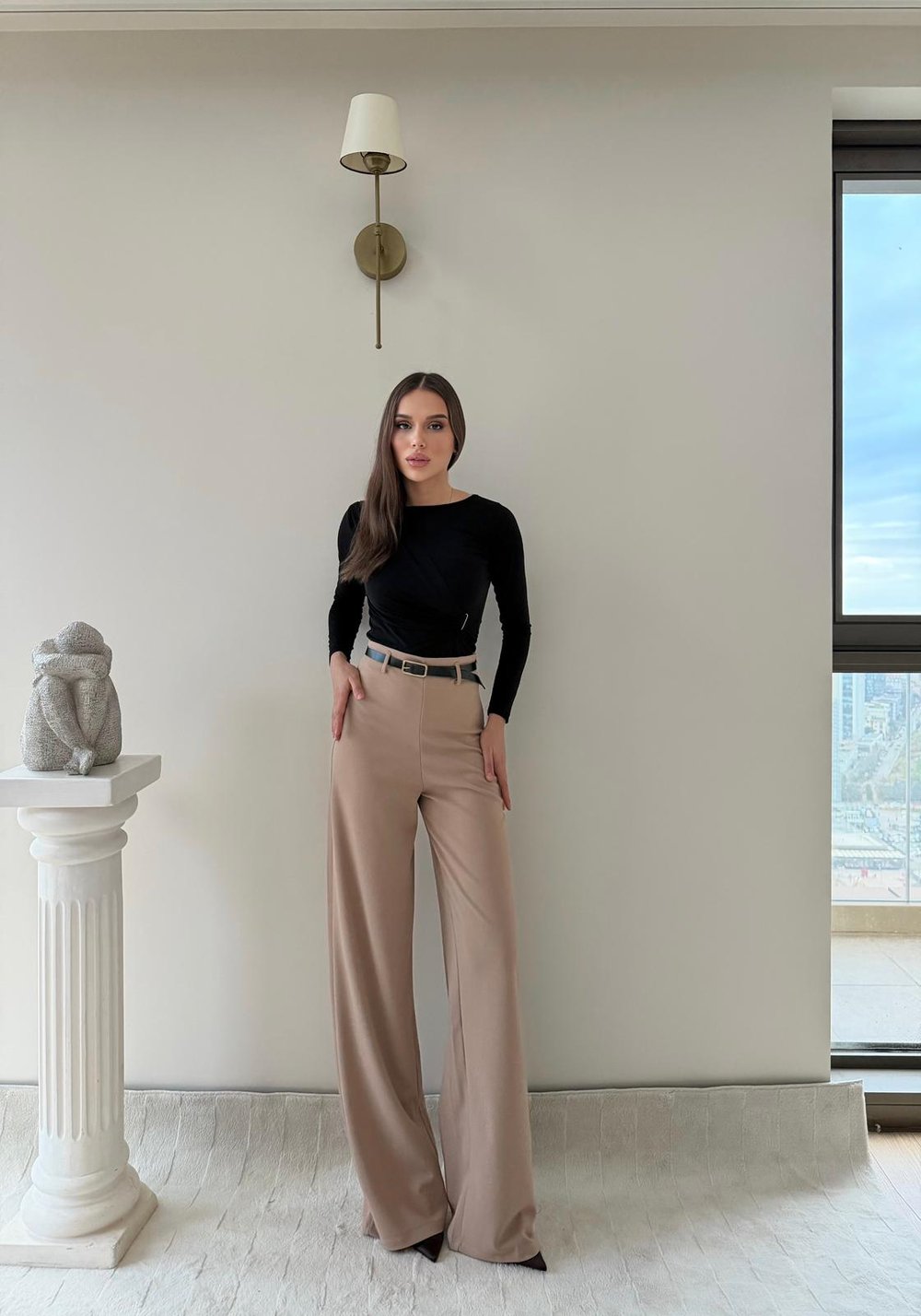 Kemerli Yüksek Bel Palazzo Crep Pantolon Bej 2024